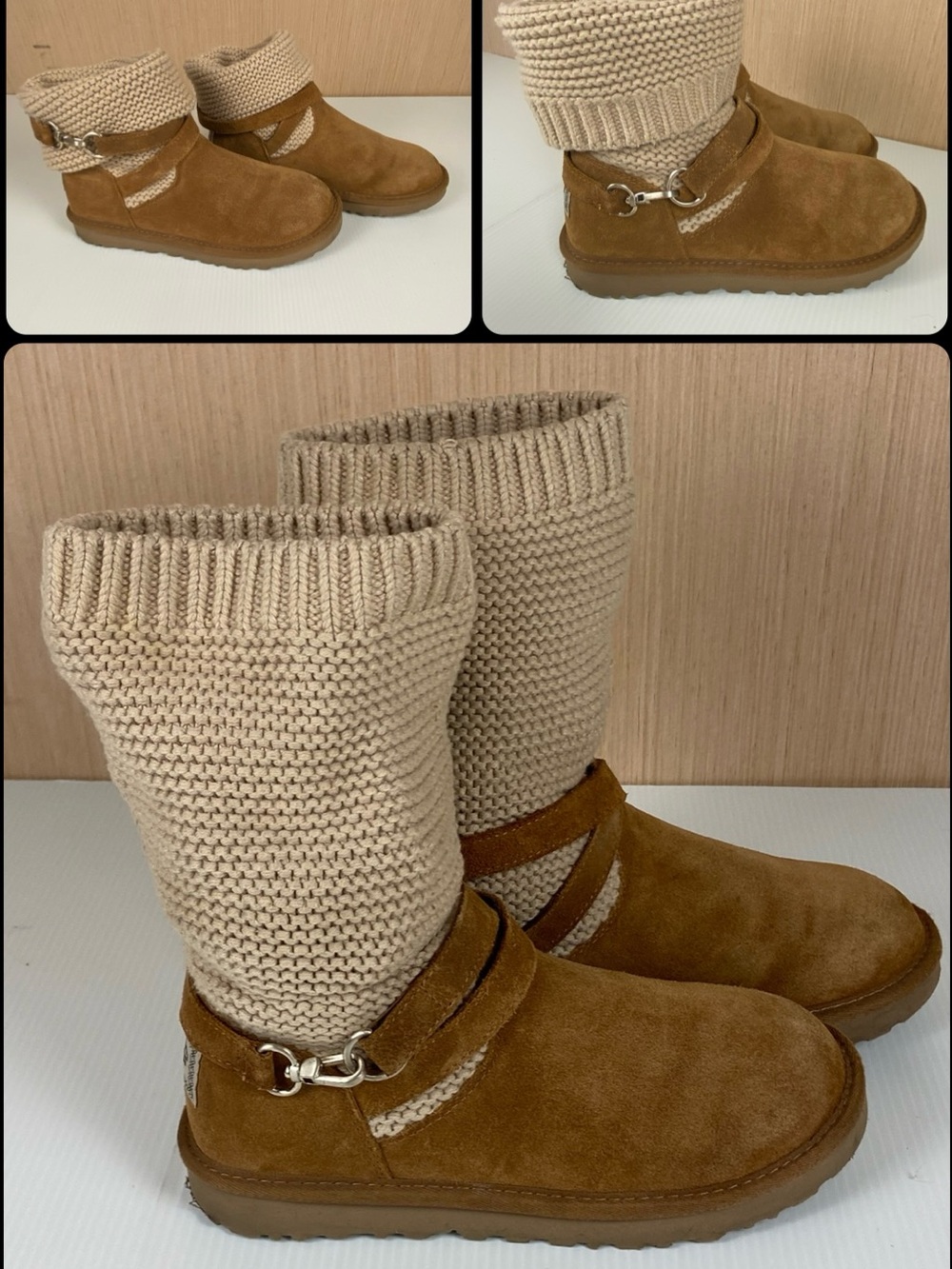 UGG Purl Strap Chestnut Suede Leather Knit Boots Women’s 8